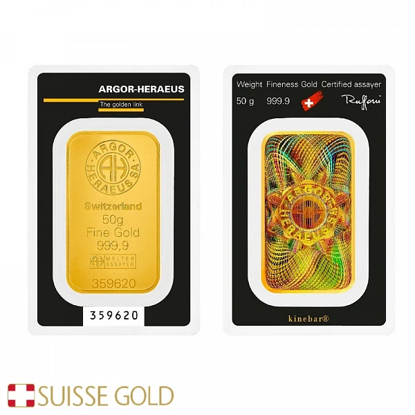 50 gram Gold Argor Heraeus bar